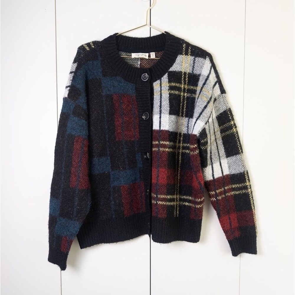 RD Style Plaid Pattern Crew Neck Knit Button Front Cardigan Black Blue M Anthro